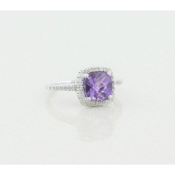 10k White Gold Natural Purple Amethyst and Diamond Halo Ring Size 6 - Picture 4 of 7